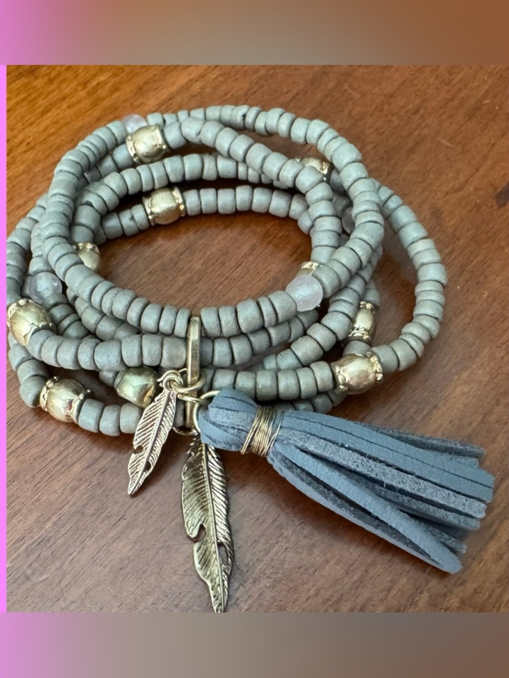 Gray Beaded Wrap Bracelet with Tassel and Feather Charms